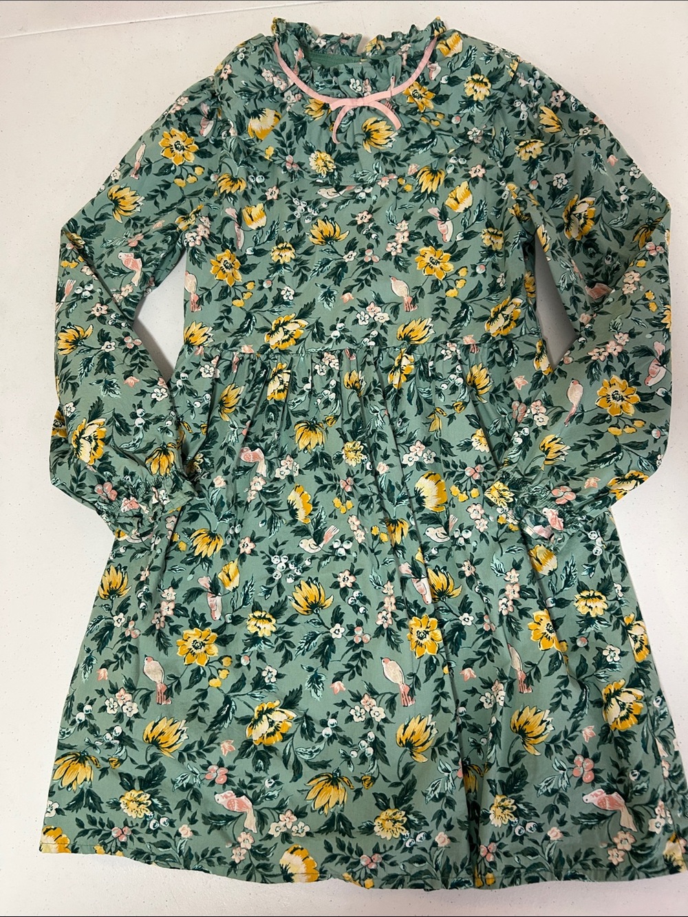 Janie and Jack Girl’s Green Floral Bird Dress Size 12